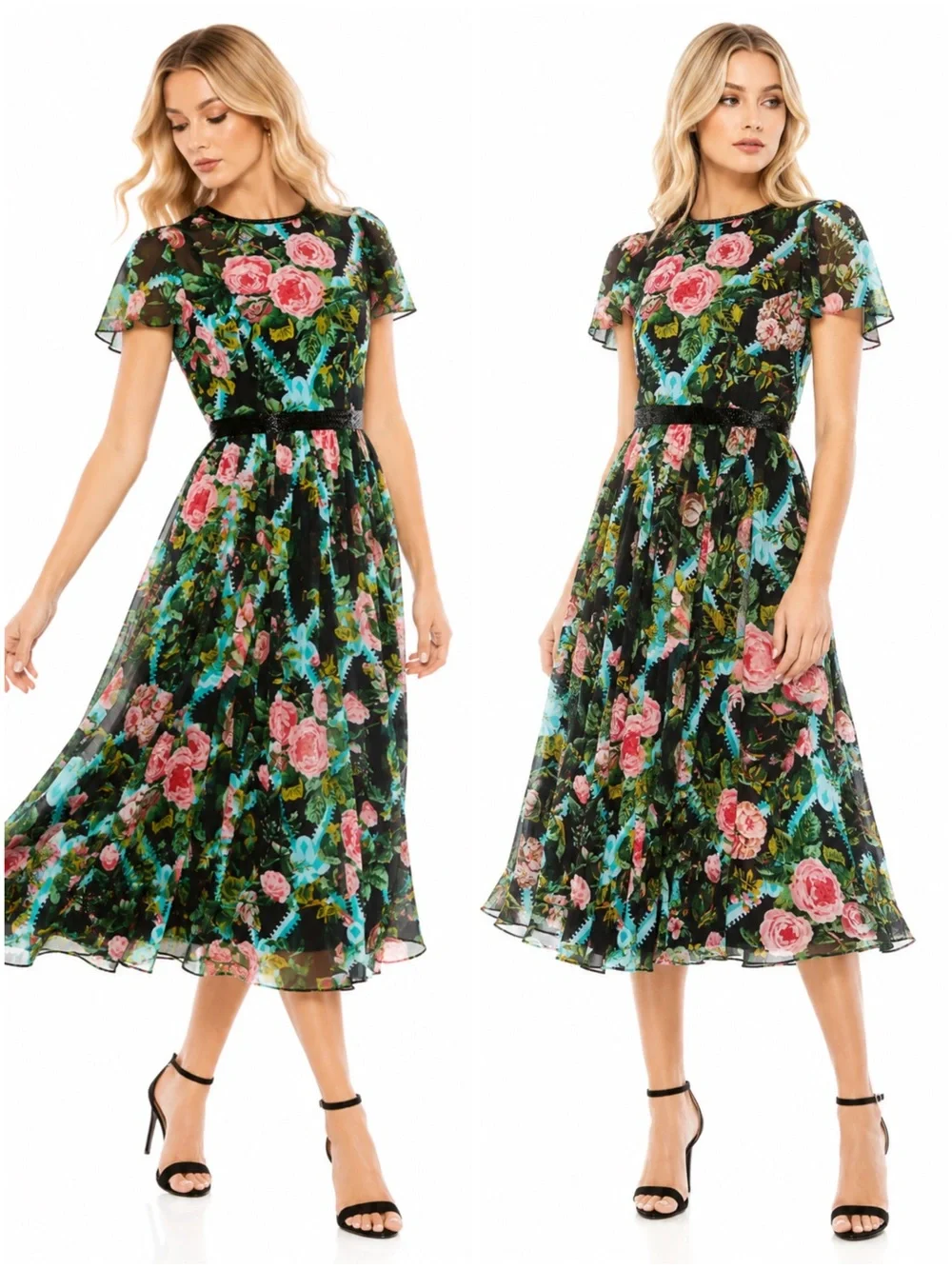 Mac Duggal Floral Illusion Cap Sleeve Midi Dress Black Multi Sheer NWT Size 8 - Picture 11 of 11